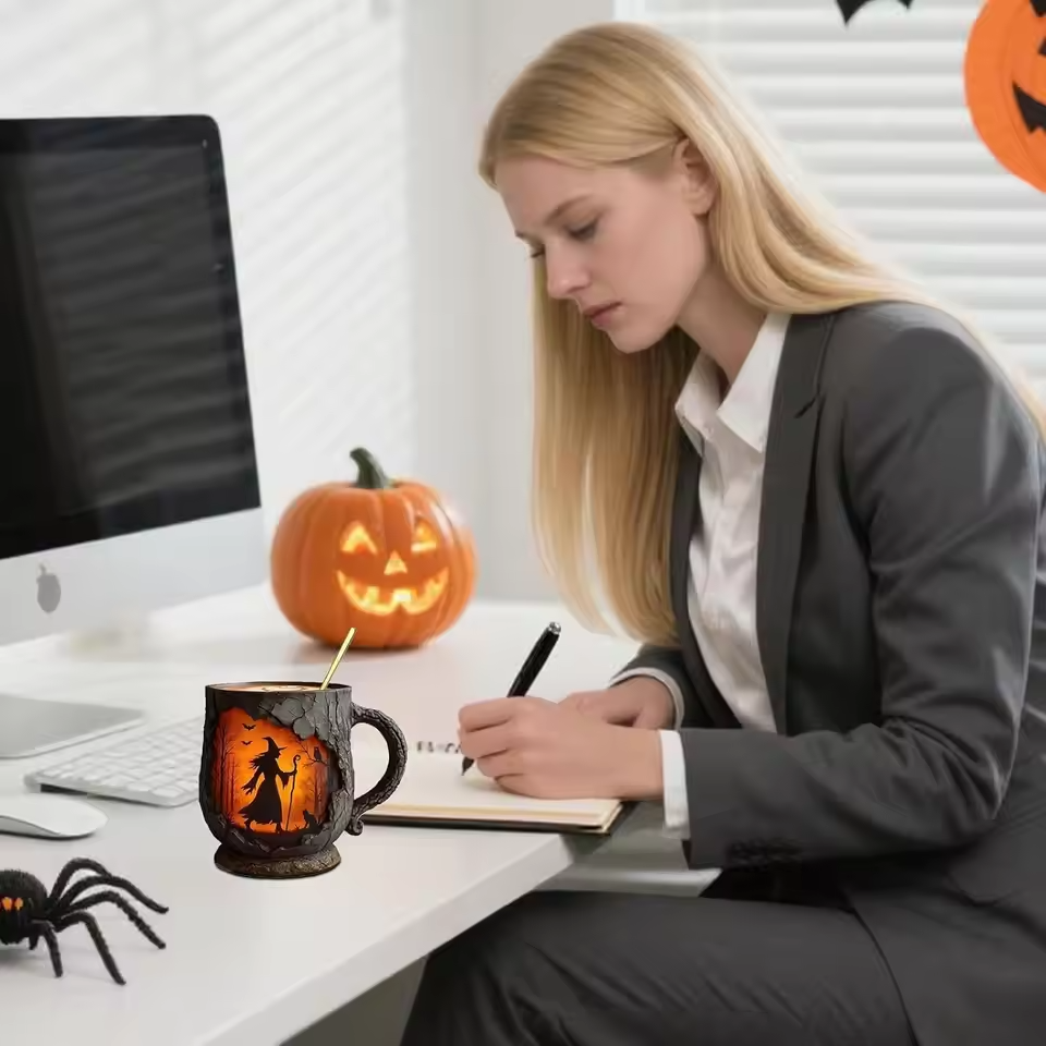 Handmade 3D Halloween Mug – with Witch and Cat Design