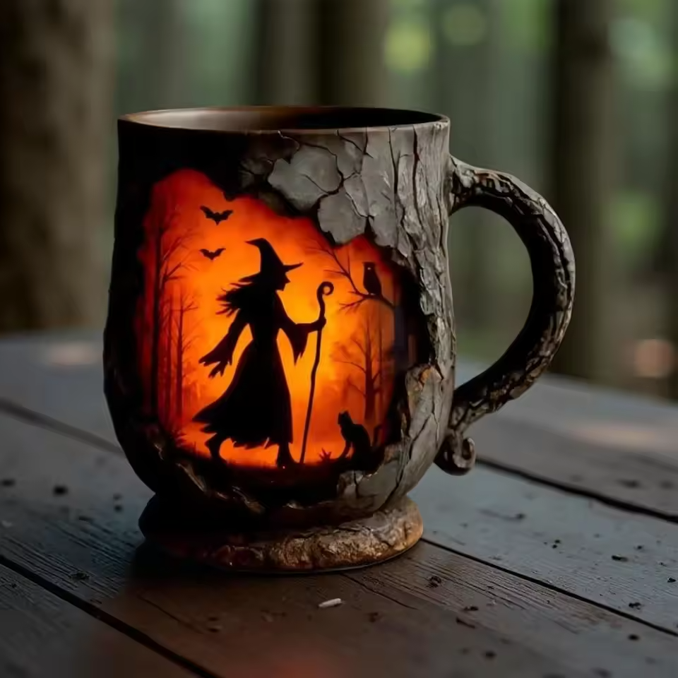Handmade 3D Halloween Mug – with Witch and Cat Design