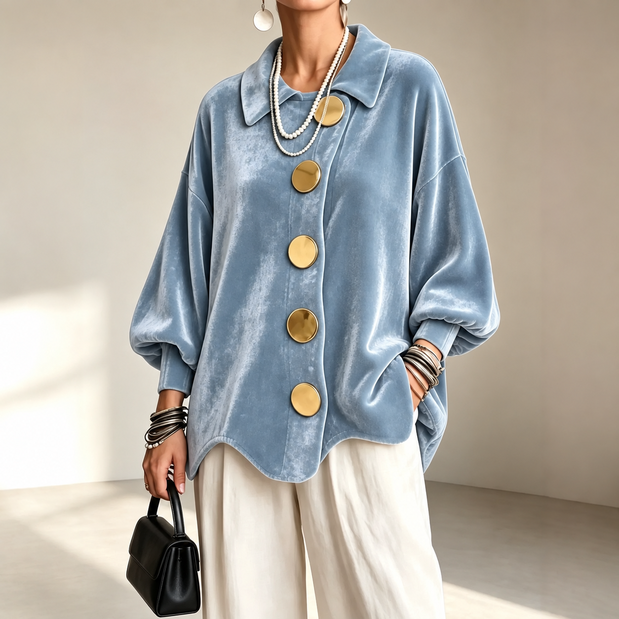 Women's velvet lapel-collar shirt jacket in Light Blue, consistent front pose