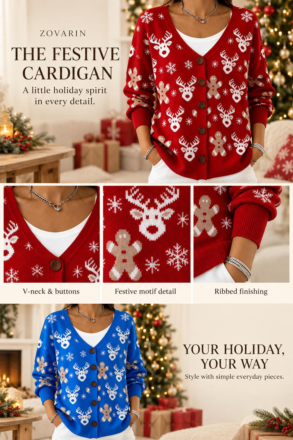 Women's Christmas Reindeer Gingerbread Print V-Neck Button Knit Cardigan