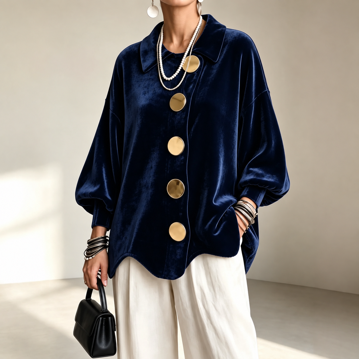 Women's velvet lapel-collar shirt jacket in Navy, consistent front pose