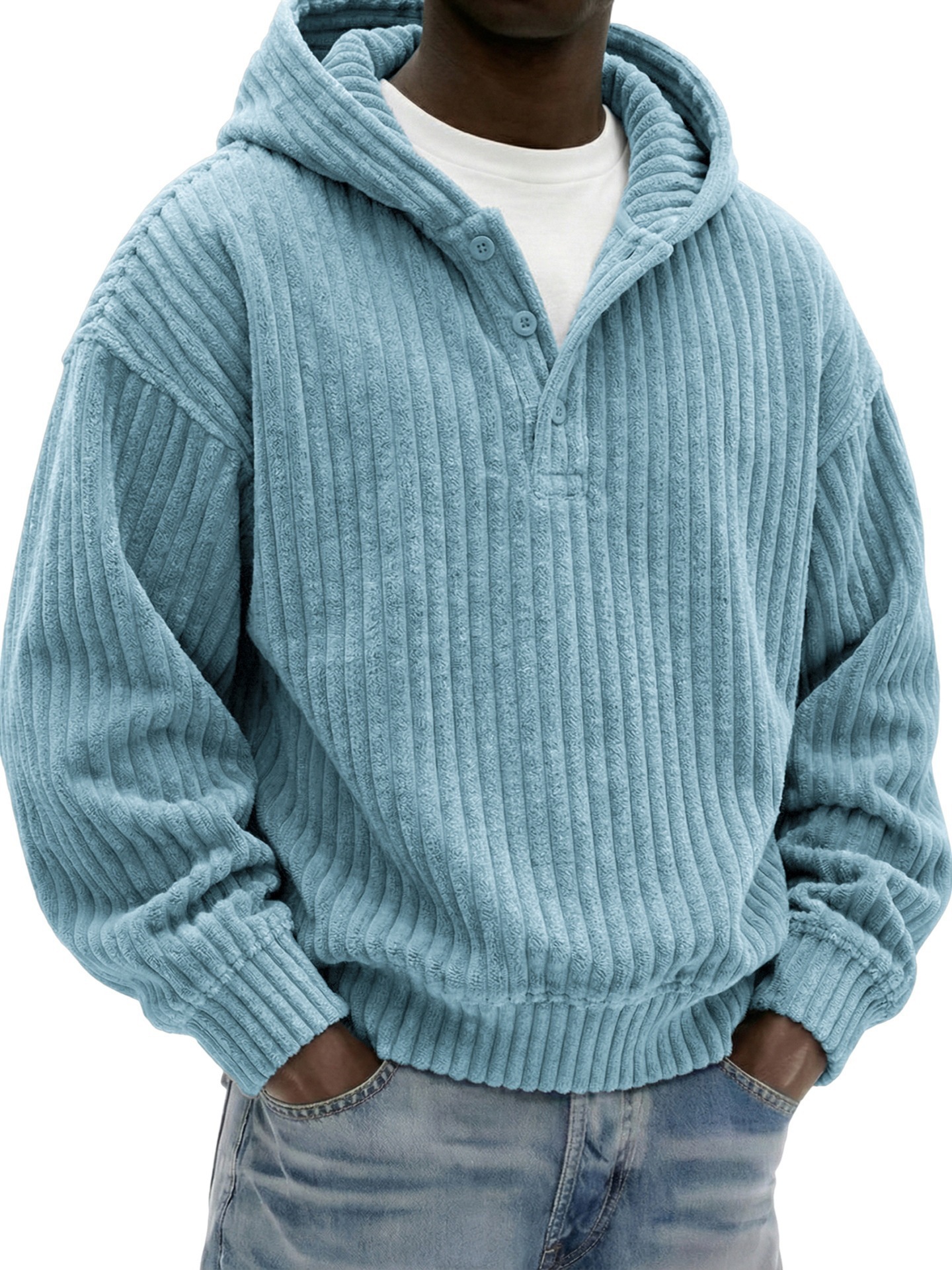 Sky Light Blue Corduroy Ribbed Button-Neck Hoodie