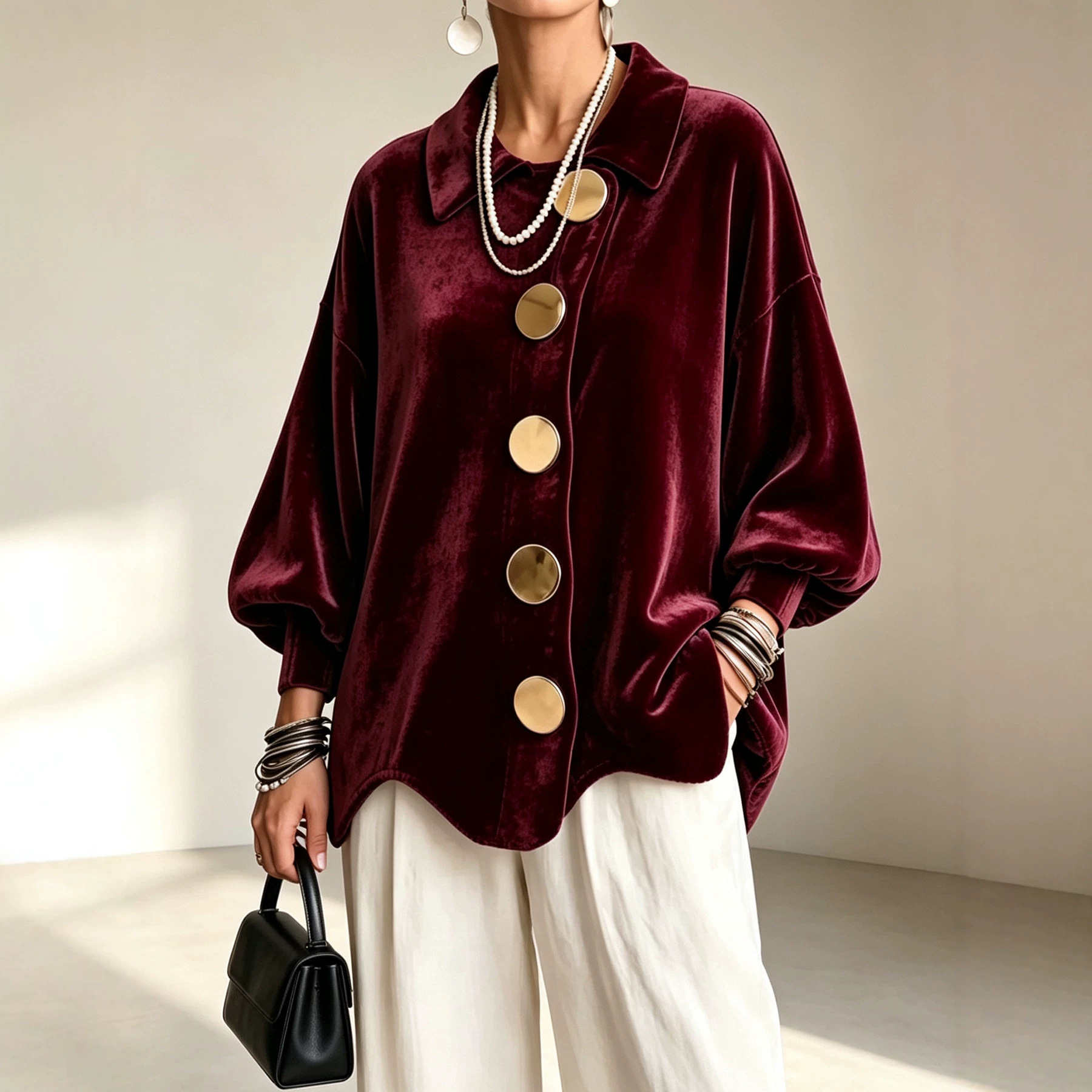 Women's Velvet Lapel-Collar Button-Up Oversized Shirt Jacket Long Sleeve Loose Blouse