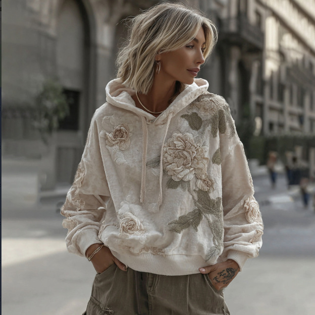 Women's 2026 New Spring Boho Hoodie Patchwork Sweatshirt  Embroidery Floral Pullover Sweatshirt 
