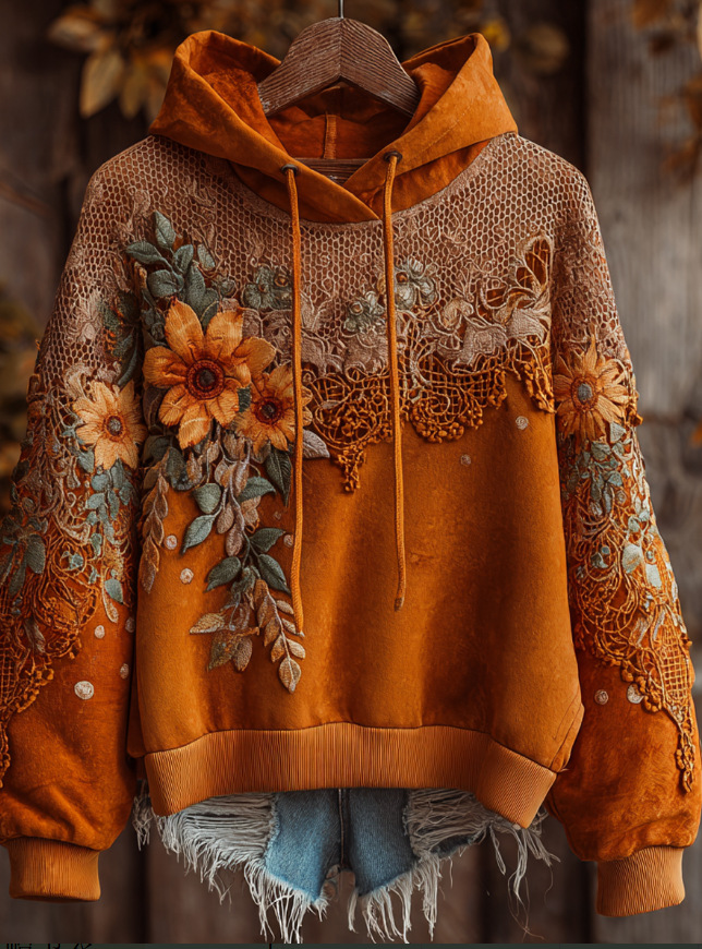 Women's 2026 New Spring Boho Hoodie Patchwork Sweatshirt Embroidery Floral Pullover Sweatshirt