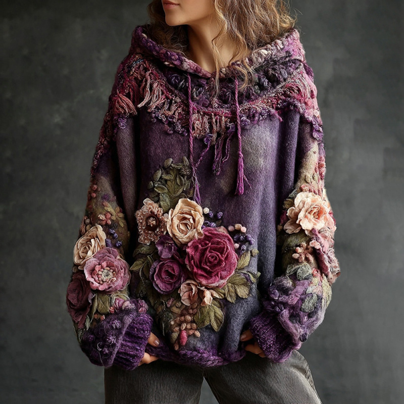 Women's 2026 New Spring Boho Hoodie Patchwork Sweatshirt Embroidery Floral Pullover Sweatshirt