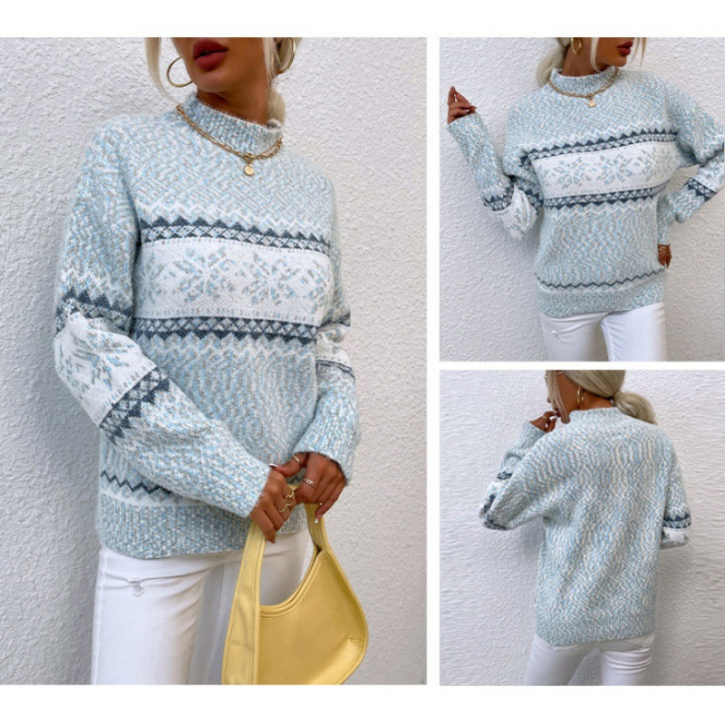 Women's Christmas Sweater Fair Isle Sweater Pullover Ugly Sweater Crew Neck Knit Knitted Fall Winter Party Outdoor Streetwear Long Sleeve Print Pink Blue