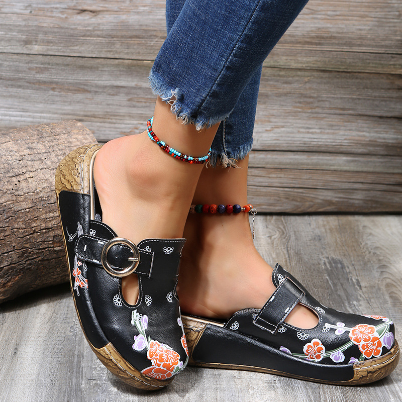 Women's Floral Embroidered Slip-On Leather Clogs