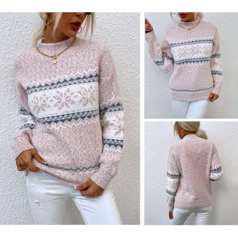 Women's Christmas Sweater Fair Isle Sweater Pullover Ugly Sweater Crew Neck Knit Knitted Fall Winter Party Outdoor Streetwear Long Sleeve Print Pink Blue