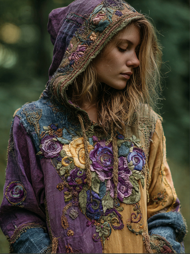 Women's 2026 New Spring Boho Hoodie Patchwork Sweatshirt Embroidery Floral Pullover Sweatshirt