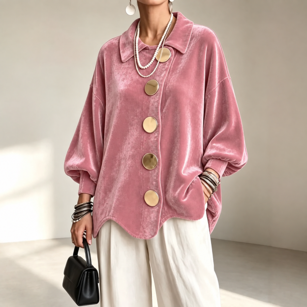 Women's velvet lapel-collar shirt jacket in Pink, consistent front pose