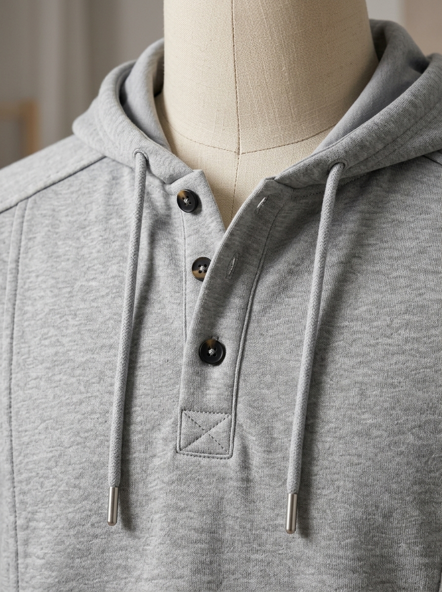 Artisanal 3-Button Placket & Brushed Metal Aglets