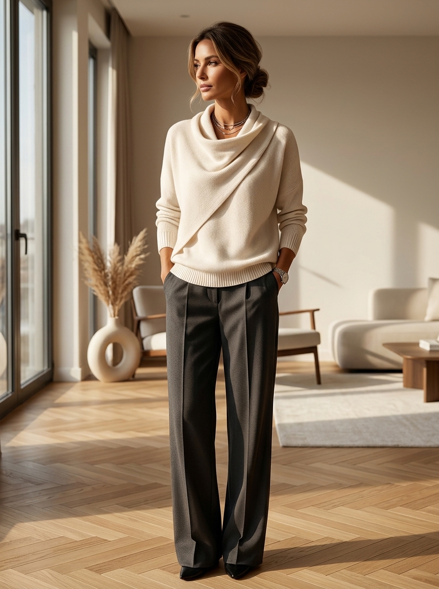 Women's Asymmetrical Draped Cowl Neck Knit Sweater Lifestyle