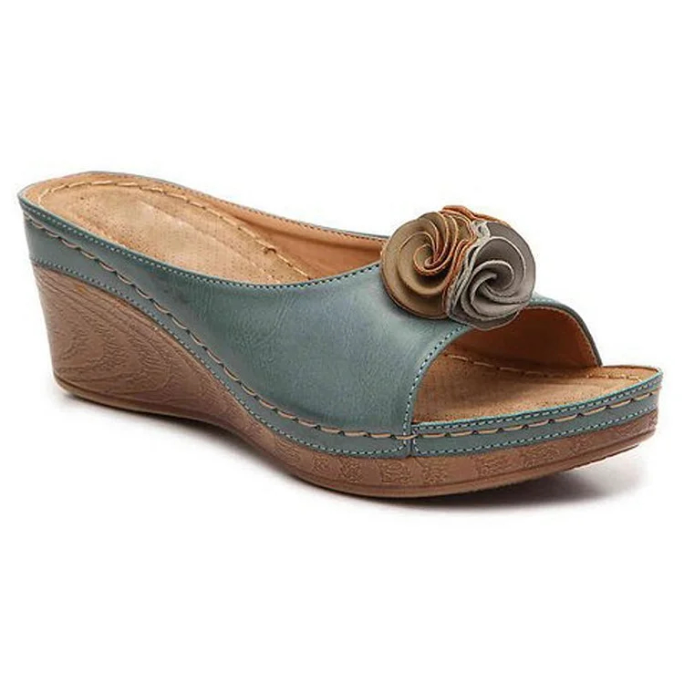 😍Last Day 50% OFF😍 - Women's Comfy Leather Solid Flower Strap Wedge Sandals