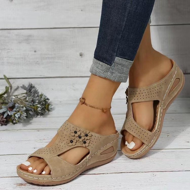🌹New Retro Style Leather Wedge Floral Sandals Slippers