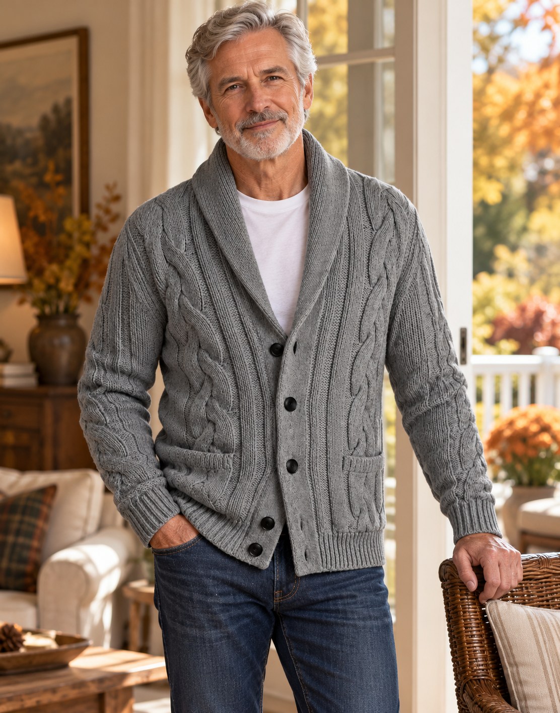 Medium Gray cable-knit button cardigan worn over a white T-shirt and denim by male model