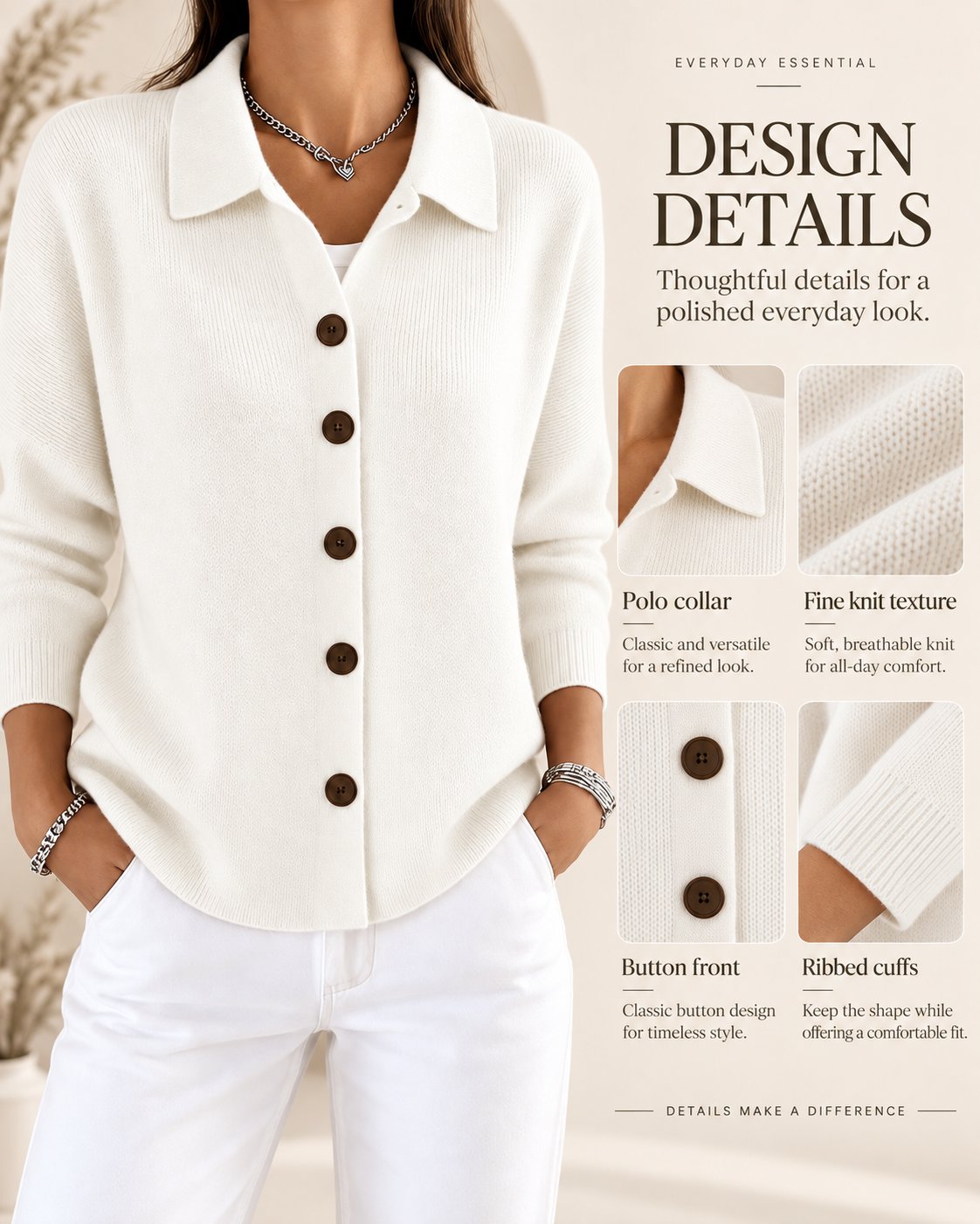 White polo cardigan fabric close-up, premium buttons and collar detail