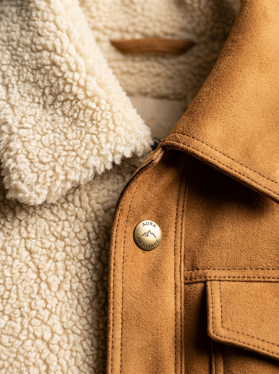 Artisanal Contrast Suede Lapel, Sherpa Fleece and Metal Snap Button Close-Up