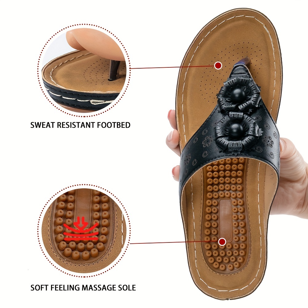 Women's Massage Floral Decoration Non-slip Wedge Sandals, Comfortable Arch Support Sandals