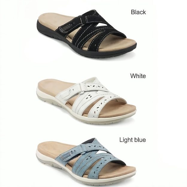 Women's White Slide Leather Sandals with Adjustable Strap 