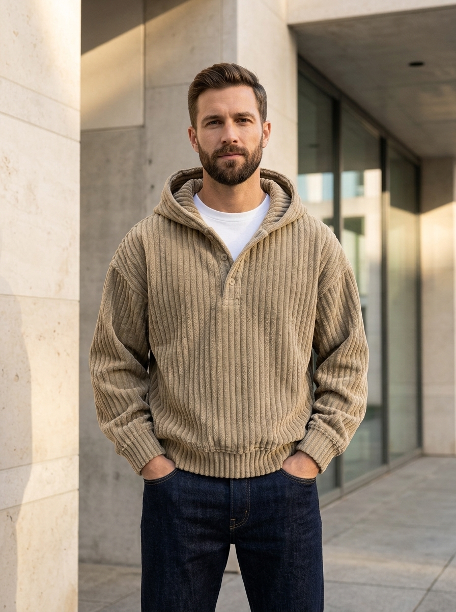 ZOVARIN Men's Corduroy Ribbed Button-Neck Hoodie in Khaki Tan