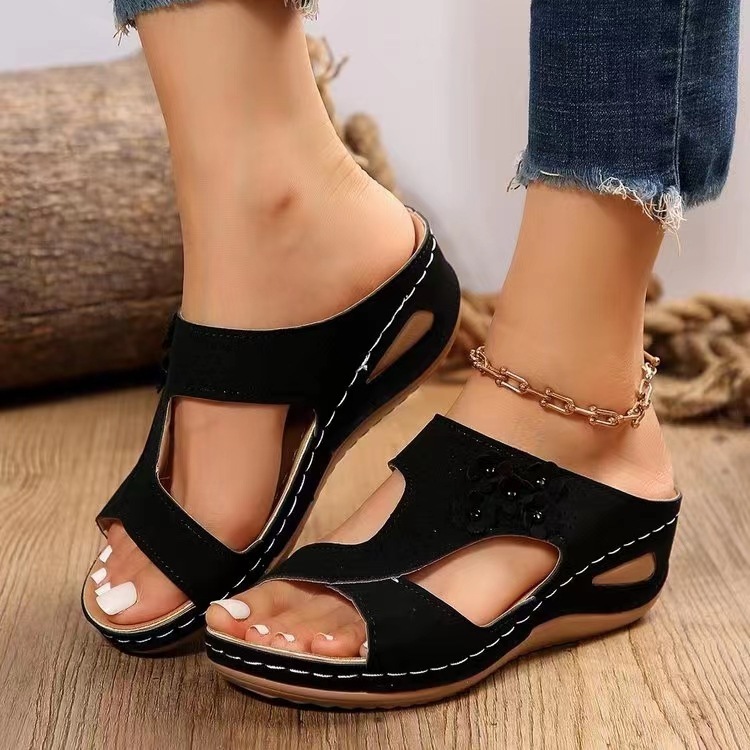 🌹New Retro Style Leather Wedge Floral Sandals Slippers