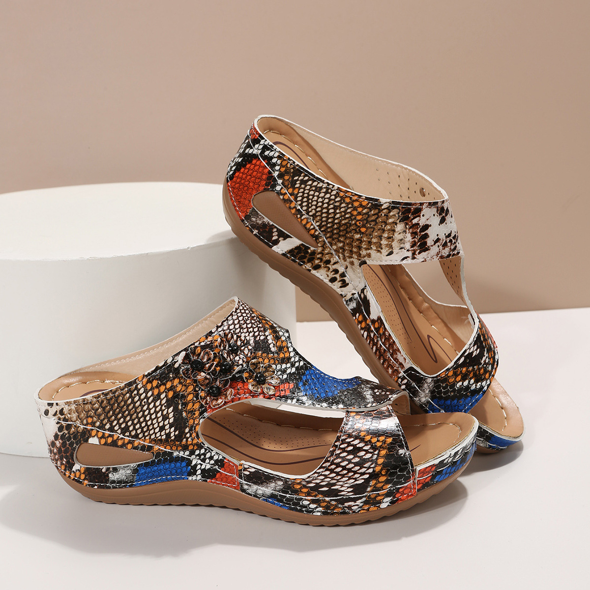 🌹New Retro Style Leather Wedge Floral Sandals Slippers
