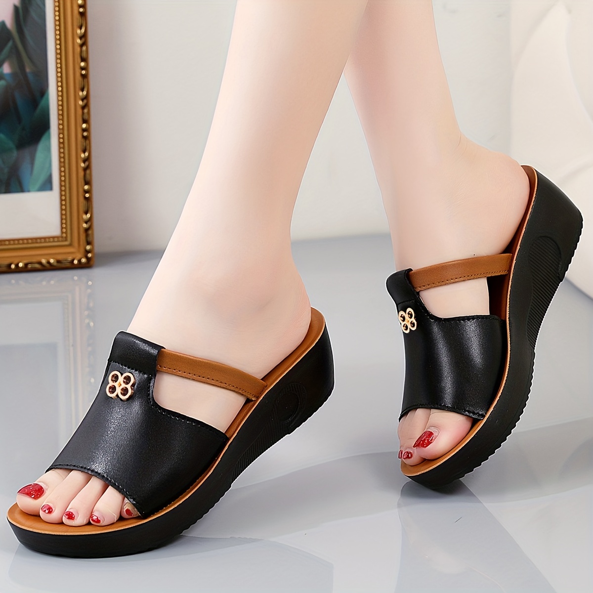 🔥Last Day Promotion 50% OFF - Women's Cut Out Wedge Leather Orthopedic Sandals