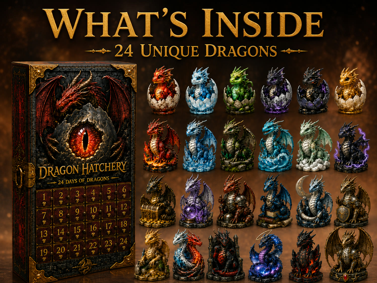 Grimoire presentation box with 24 hatching dragons