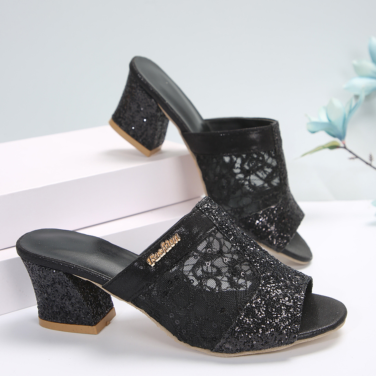 Women's Glitter Sequins Decor Chunky Heel Sandals, Fashion Lace Mesh Open Toe Pumps, Stylish Dress Heels