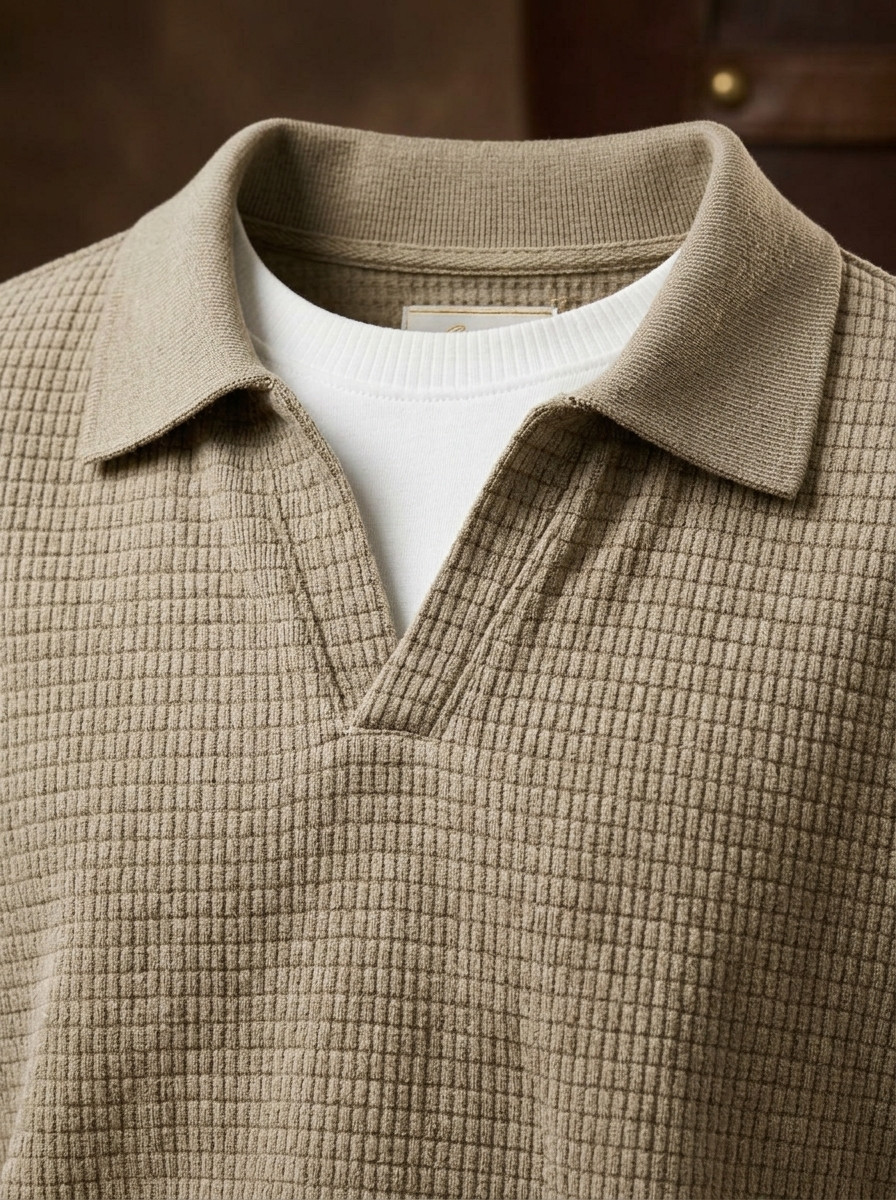 Macro Detail Shot: Corduroy Polo Open V-Notch Collar and Fabric Texture