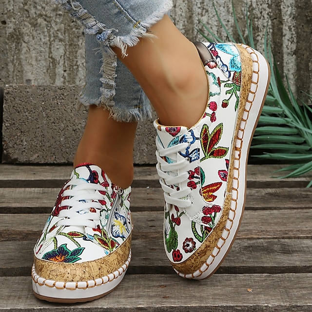Women's Sneakers Plus Size Flat Heel Round Toe PU Leather Lace-up Black White Purple