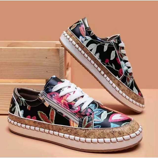 Women's Sneakers Plus Size Flat Heel Round Toe PU Leather Lace-up Black White Purple