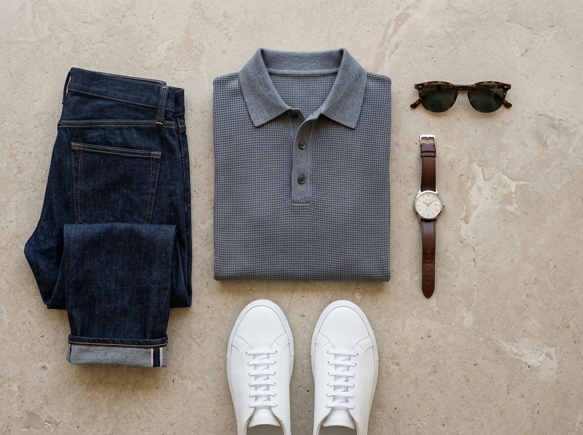 Curated Lookbook Flatlay: Verona Waffle Polo with Selvedge Denim, White Leather Sneakers and Watch