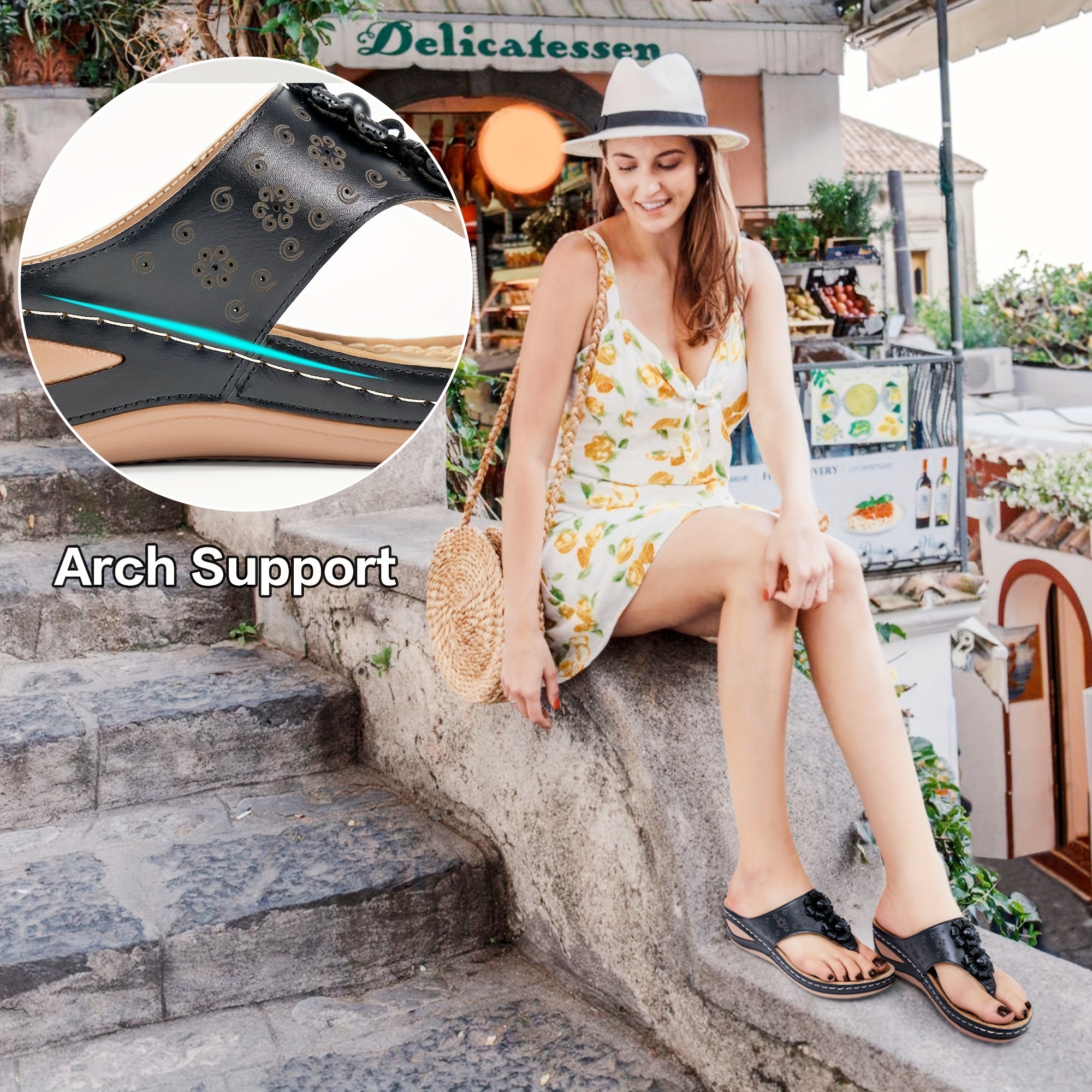 Women's Massage Floral Decoration Non-slip Wedge Sandals, Comfortable Arch Support Sandals