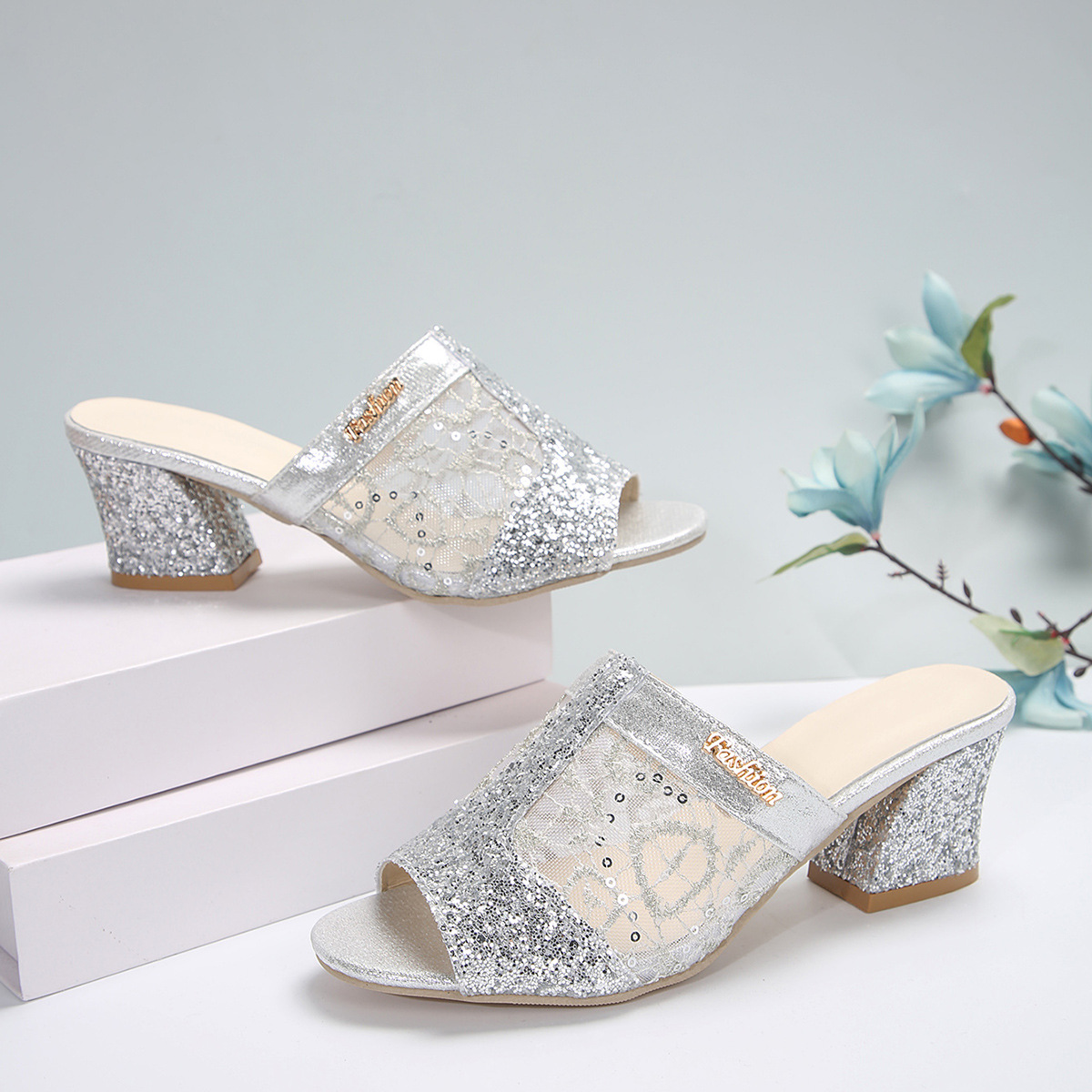 Women's Glitter Sequins Decor Chunky Heel Sandals, Fashion Lace Mesh Open Toe Pumps, Stylish Dress Heels