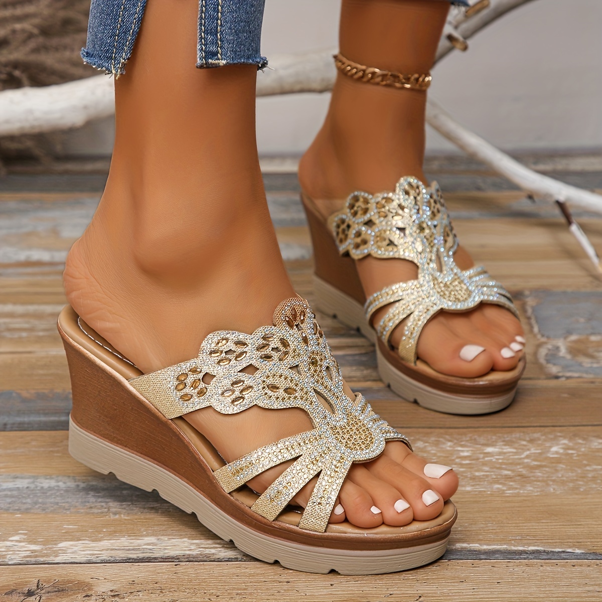 😍Last Day 50% OFF😍 - Women's Rhinestone Decor Wedge Sandals