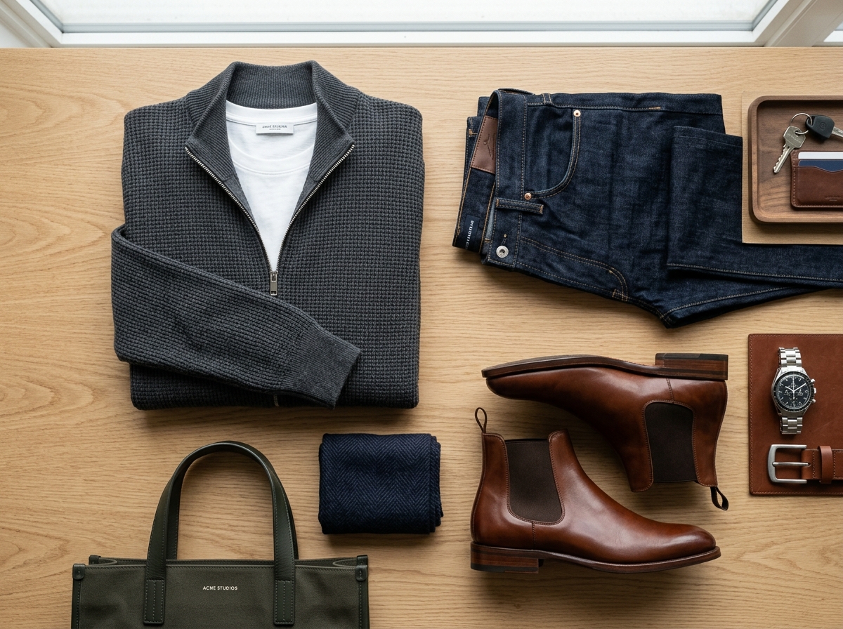Curated Lookbook Flatlay: Waffle Zip Jacket with White Tee, Denim Jeans and Leather Chelsea Boots