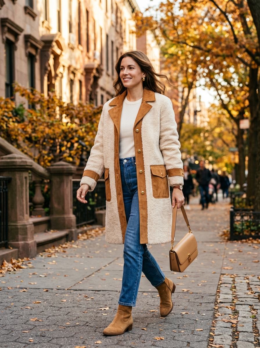 Women's Sherpa Suede Combo Collared Jacket - Autumn Brownstone Streetwear Editorial