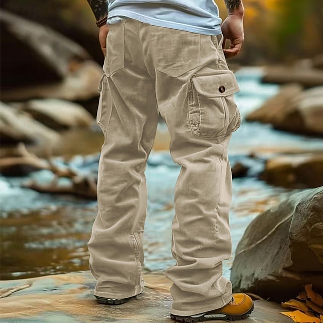 Men's Cargo Pants Corduroy Pants Trousers Baggy Pants Casual Pants Elastic Waist Multi Pocket Straight Leg Plain Comfort Soft Full Length Outdoor Casual Daily Fashion Streetwear Black Light Green