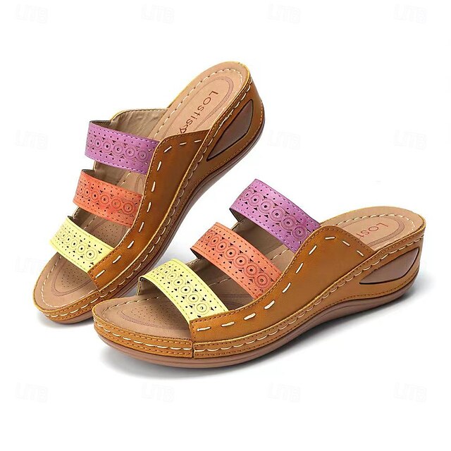 Bohemian Chic Women's Orthopedic Wedge Sandals - Vibrant Multi-Color Straps, Comfortable Arch Support, Trendy Summer Footwear