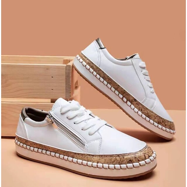 Women's Sneakers Plus Size Flat Heel Round Toe PU Leather Lace-up Black White Purple