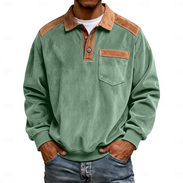 Men's Faux Suede Zip Polo Pullover Sweatshirt Vacation Street Zip Up Long Sleeve Fashion Basic Color  Block Patchwork Fall Spring Fall All Seasons Relaxed Fit Black Pink Army Green Navy Blue Blue