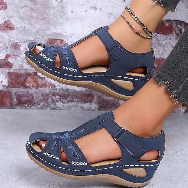 Women's Casual Comfort Sandals – Vintage Arch Support Velcro Walking Sandals with Hollow Design for Summer & Outdoor Wear