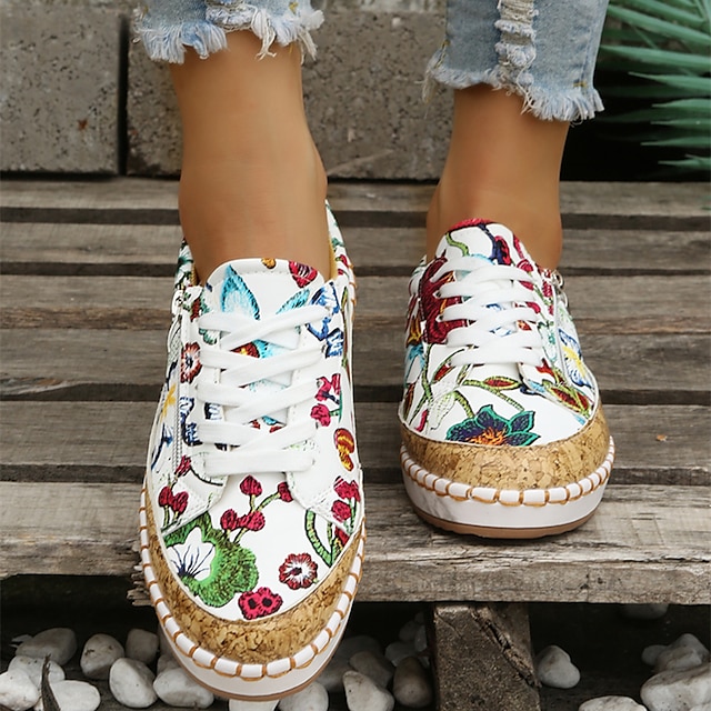 Women's Sneakers Plus Size Flat Heel Round Toe PU Leather Lace-up Black White Purple
