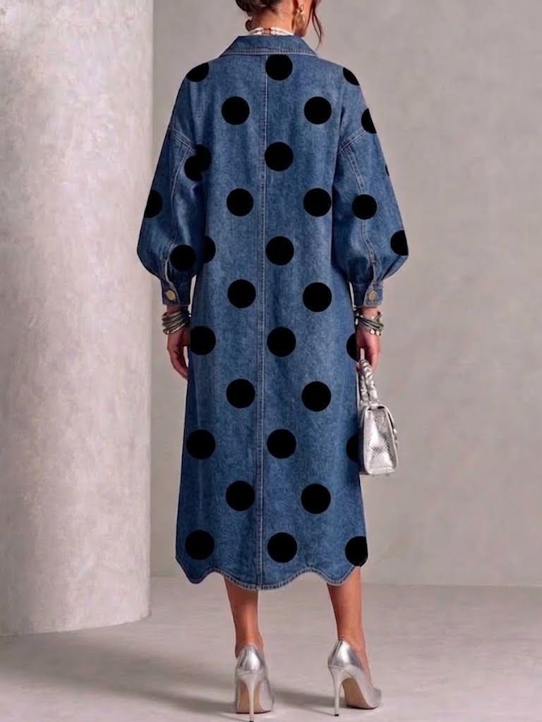 🤲LAST DAY SAVE 49% ⏰Collared Polka-dot Denim Dress With Gold Buttons, Lantern Sleeves, And Ruffled Hem