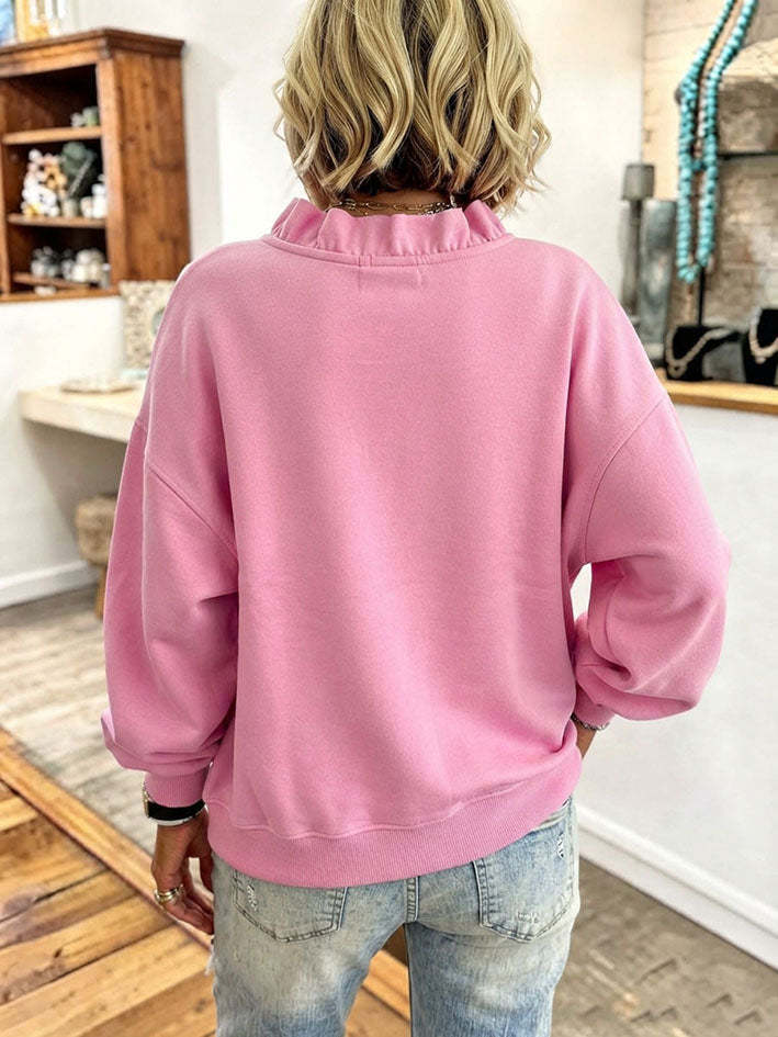 Cozy Oversized Vibrant Pink Ruffled Sweatshirt