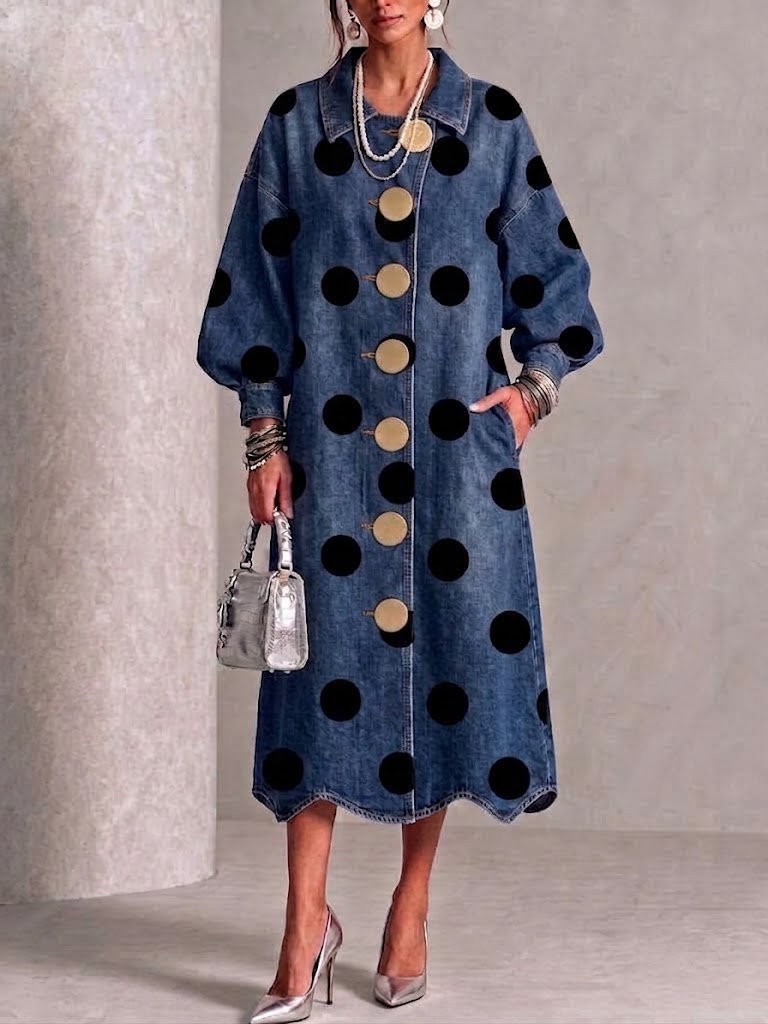 🤲LAST DAY SAVE 49% ⏰Collared Polka-dot Denim Dress With Gold Buttons, Lantern Sleeves, And Ruffled Hem