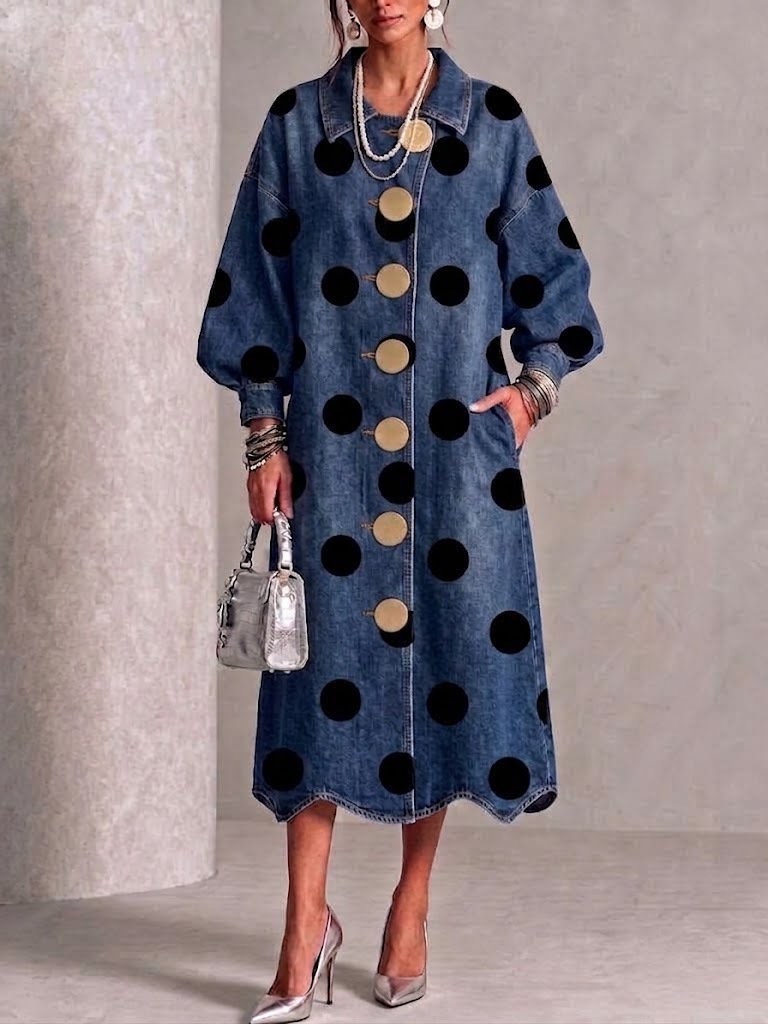 🤲LAST DAY SAVE 49% ⏰Collared Polka-dot Denim Dress With Gold Buttons, Lantern Sleeves, And Ruffled Hem