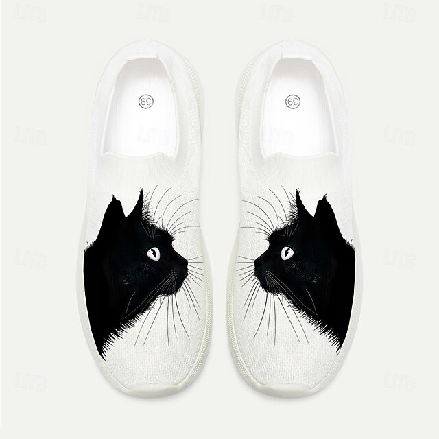 Women's White Slip-On Sneakers with Black Cat Print 